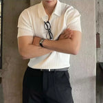 V-Neck Ribbed Cotton Blend Polo Shirt