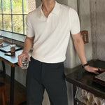 V-Neck Ribbed Cotton Blend Polo Shirt