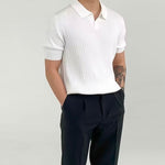 V-Neck Ribbed Cotton Blend Polo Shirt