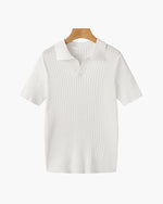V-Neck Ribbed Cotton Blend Polo Shirt